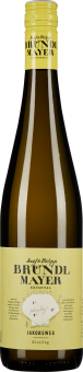 Langhalsige Weinflasche mit gelbem Etikett und Schraubverschluss, darauf eine stilisierte Karte und Schriftzüge. Die Flasche ist transparent und zeigt den hellen Inhalt.