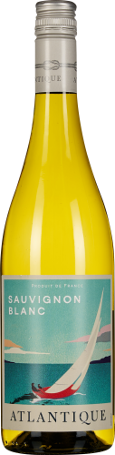 Flasche Sauvignon Blanc mit silbernem Schraubverschluss; das Etikett zeigt ein stilisiertes Segelboot vor einem farbigen Horizont.