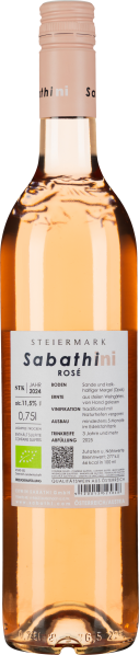 Roséwein in klarer Flasche mit rosa Schraubverschluss, hellrosa schimmernde Flüssigkeit.