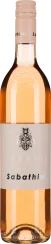 Roséweinflasche mit zartem Lachston, elegantem Etikett und rosa Schraubverschluss.