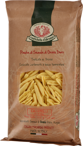 Braune Verpackung mit Fenster, das gelbe Cavatelli-Nudeln zeigt. Rustikales Design mit traditionellem Logo und italienischer Produktkennzeichnung.