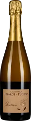 Champagnerflasche mit goldener Folie und einem beigefarbenen Etikett mit schwarzer Schrift und Löwenzahnmotiv.