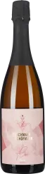 Bild einer Flasche Rosé-Sekt mit zartem, roséfarbenem Etikett und schwarzer Folie über dem Flaschenhals.