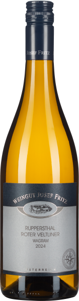 Durchsichtige Weinflasche mit hellgelbem Inhalt, elegantem Etikett und Schraubverschluss.