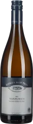 Eine Flasche Wein mit dunkelgrauem Schraubverschluss und elegantem Etikett in Grautönen. Die Flasche hat eine klassische Form und die Farbe des Weins schimmert bernsteinfarben durch das Glas.