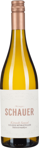 Braune Weinflasche mit weißem Etikett und rosa Schrift.