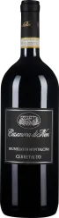Eine elegante Flasche Rotwein mit einem tiefschwarzen Etikett und goldener Akzentuierung, darstellend eine detaillierte Illustration in der Mitte.
