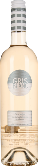 Die Weinflasche zeigt ein zartes rosé-goldenes Getränk mit einem silbernen Etikett. Der Schraubverschluss ist in Weiß und Grau gestreift, was der Flasche ein elegantes und modernes Design verleiht.