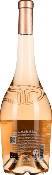 Roséwein in transparenter, leicht gebogener Flasche mit Kupferkapsel.