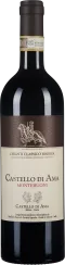 Flasche Rotwein mit dunklem Etikett, darauf ein geprägtes Pferd und goldene Details. Der Flaschenhals ist mit einer goldenen Banderole verziert.
