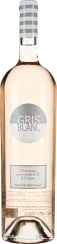Rosé-Weinflasche mit schlichtem Etikett, silbernen Details und gestreiftem Verschluss.
