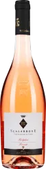 Eine elegante Weinflasche mit roséfarbenem Inhalt, sanftem Farbverlauf und schwarzem Hals. Auf dem Etikett sind goldene Details und klare Schriftzüge zu sehen.