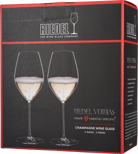 Schwarze Verpackungsschachtel mit roten Akzenten und einem zentralen Bild von zwei eleganten gefüllten Champagnergläsern.