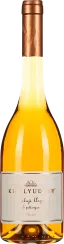 Eine Weinflasche mit bernsteinfarbenem Inhalt, elegantem goldenem Etikett und glänzendem Kupfer-Schraubverschluss.