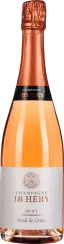 Eine Flasche Rosé-Champagner mit kupferfarbenem Hals und Etikett, klarer Glasflasche, gefüllt mit roséfarbenem Getränk.