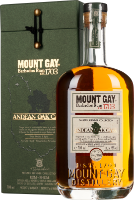 Flasche luxuriöser goldener Rum im Vordergrund mit stilvoller, minimalistischer Etikettierung, und einer grünen, eleganten Geschenkverpackung im Hintergrund, die durch dezente goldene Akzente veredelt wird.