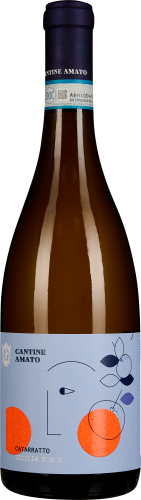 Eine elegante Weinflasche mit dunkelblauem Hals und modernem, hellblauem Etikett mit abstraktem Design, das stilisierte Kreise und Linien in Orange und Dunkelblau zeigt.