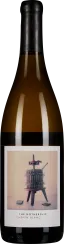 Eine Weinflasche mit dunkelbraunem, breitem Flaschenkörper und schwarzem Verschluss. Das Etikett zeigt eine stilisierte, künstlerische Darstellung einer Weinpresse mit pastellfarbenem Hintergrund.