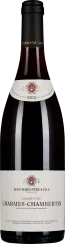 Flasche Rotwein mit dunkelrotem Farbton, schlanker Form, verziert mit einem klassischen Etikett in Cremefarben und rotem Wappen.