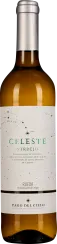 Flasche Weißwein mit goldenem Wein und silbernem Schraubverschluss, Etikett mit Sternbild-Design, elegantes und modernes Erscheinungsbild.