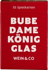 Rotes Kartenset mit weißem, blockartigem Text in großen Buchstaben.