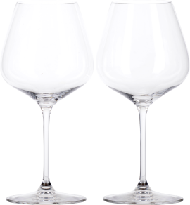 Zwei elegante, hohe Weingläser mit abgerundeter Kelchform und langem Stiel.