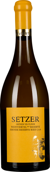 Braune Weinflasche mit gelbem Etikett und goldener Kapsel.