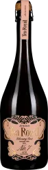 Dunkle Glasflasche mit elegantem, blassrosa Etikett und goldfarbenen Akzenten. Zierliche Verzierung am Etikett. Klassischer Korkverschluss mit rosa Banderole um den Hals.