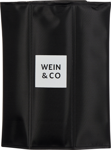 Schwarze, strukturierte Flaschentasche mit weißem Logo in der Mitte.