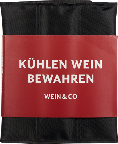 Schwarze Kühltasche mit rotem Etikett und weißer Aufschrift.