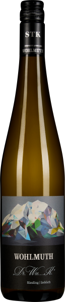 Braune Weinflasche mit schwarzem Deckel und bunter, geometrischer Etikettierung.