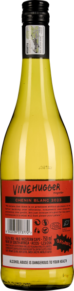 Flasche Chenin Blanc mit gelblichem Inhalt und rotem Etikett.