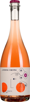 Roséwein in einer klaren Glasflasche mit künstlerisch gestaltetem Etikett in minimalistischen Graphiken und leuchtenden Farben, abgerundet mit einem pinken Kronkorken.