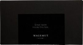 Schwarze, elegante Box mit minimalistischer Beschriftung und stilvollem Design.