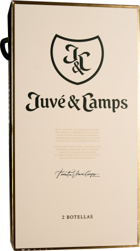 Elegante cremefarbene Geschenkverpackung mit schwarzem Logo und goldenen Akzenten.
