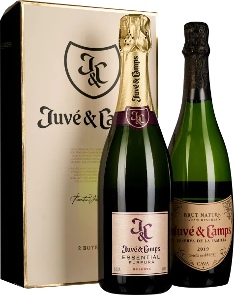 Zwei elegante Cava-Flaschen vor einer stilvollen, cremefarbenen Geschenkbox.