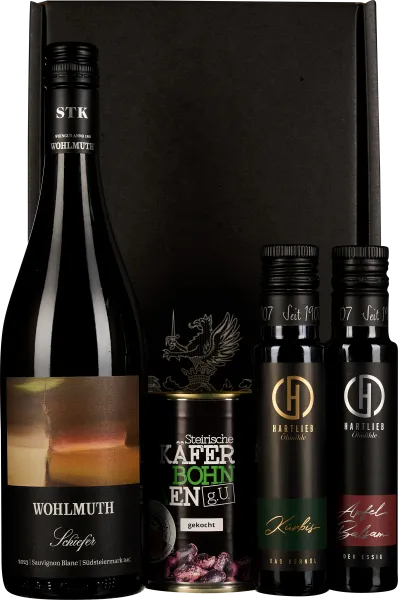 Exklusives Feinkost-Set mit Wein, Olivenöl, Essig und steirischen Käferbohnen in eleganter Verpackung.