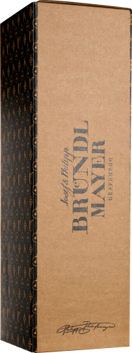 Braune Weinverpackung mit schwarzem, stilisiertem Trauben- und Glasdesign.