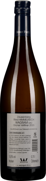 Grüne Weinflasche mit blauem Schraubverschluss und Etikett auf der Vorderseite.