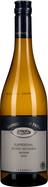 Braune Weinflasche mit grauem Etikett und dunkelblauem Schraubverschluss.