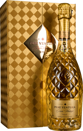 Luxuriöse Flasche mit facettiertem, strahlend goldenem Design auf elfenbeinfarbenem Hintergrund mit geometrischem Muster.