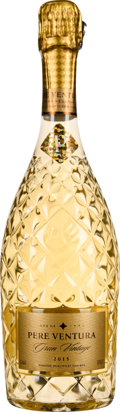 Goldene Sektflasche mit facettierter Oberfläche und luxuriösem Etikett.