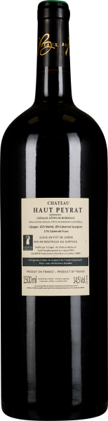 Schwarze Weinflasche mit goldener Schrift und hellem, rechteckigem Etikett.