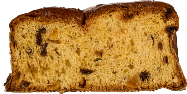 Geschnittenes, gelockertes Früchtebrot mit goldbrauner Kruste und sichtbaren Trockenfrüchten.