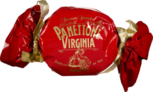 Rot-goldene Panettone-Verpackung mit glänzendem Finish und vintage Design-Elementen.
