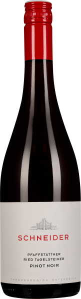 Dunkle Weinflasche mit rotem Verschluss und elegantem Etikett, minimalistisch gestaltet.