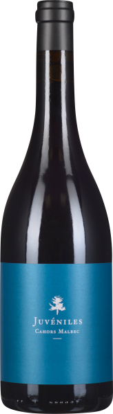 Rotweinflasche mit blauem Etikett und schwarzem Verschluss.