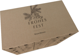 Braune Kartonverpackung mit Tannendruck, festliches Design.