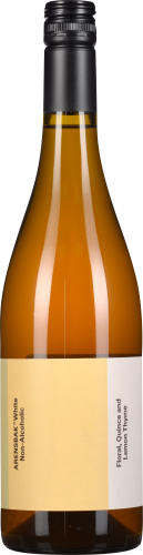 Die Flasche zeigt ein modernes Design mit einem schwarzen Schraubverschluss. Der Körper der Flasche ist bernsteinfarben, und das Etikett ist zweifarbig in Beige und Weiß gehalten. Entworfen für No & Low Alcohol-Getränke, spiegelt das Design Eleganz und Sc