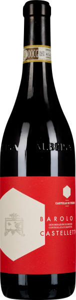 Dunkle Weinflasche mit rotem Etikett und goldener Banderole am Hals.